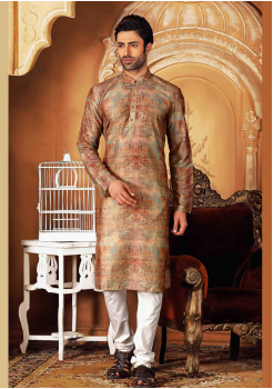 White with Multi Color Silk Kurta Set